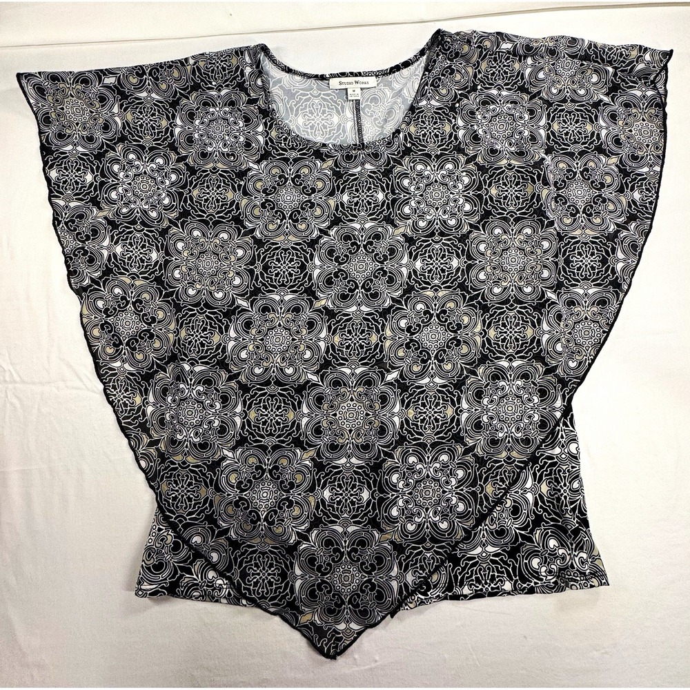 Studio Works Women's Black White Gray Abstract Knit Sequin Cap Sleeve Top M